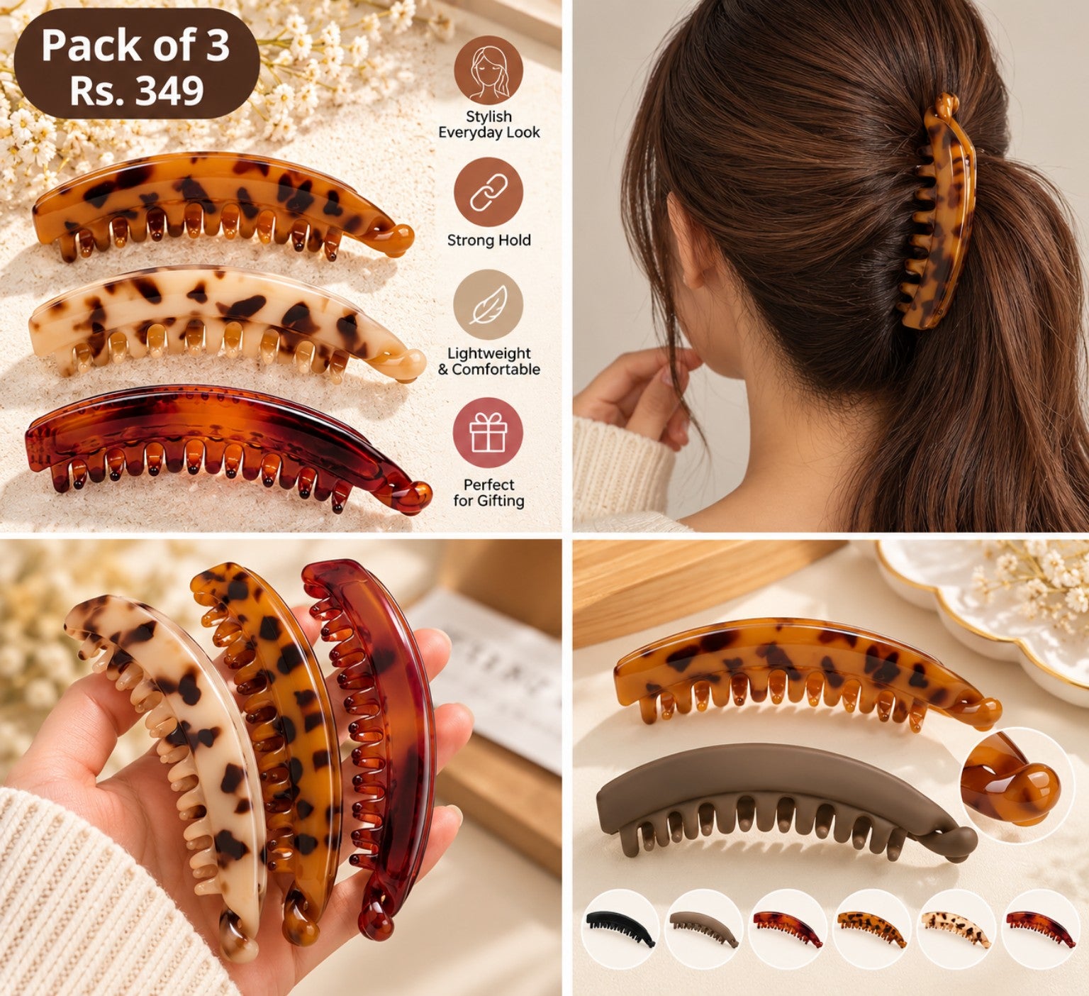 Pack of 3 tortoiseshell banana hair clips with lifestyle styling, assorted colors and close-up details