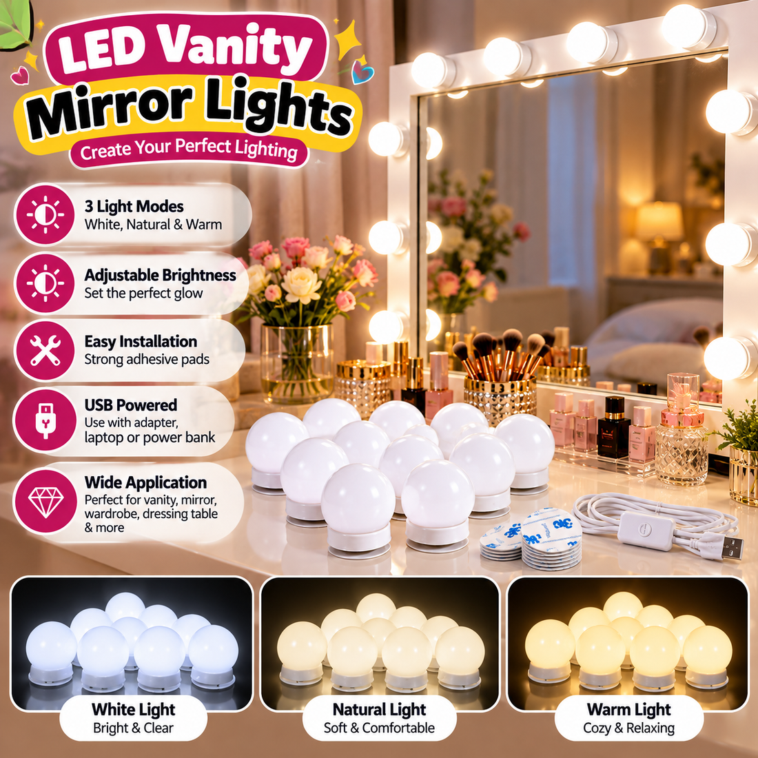 Makeup Mirror Vanity LED Lights – 10 Bulbs Hollywood Style - MARKAZX MART