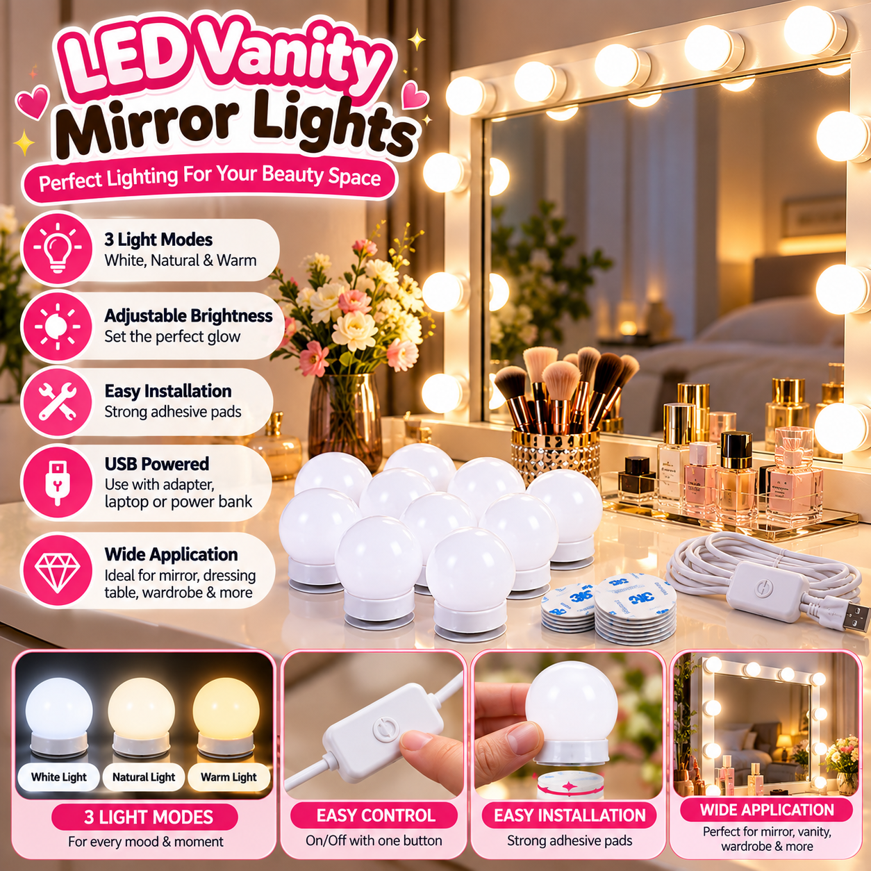 Makeup Mirror Vanity LED Lights – 10 Bulbs Hollywood Style - MARKAZX MART