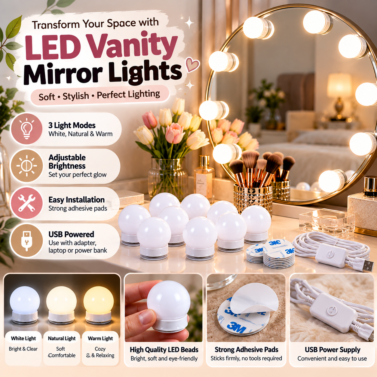 Makeup Mirror Vanity LED Lights – 10 Bulbs Hollywood Style - MARKAZX MART